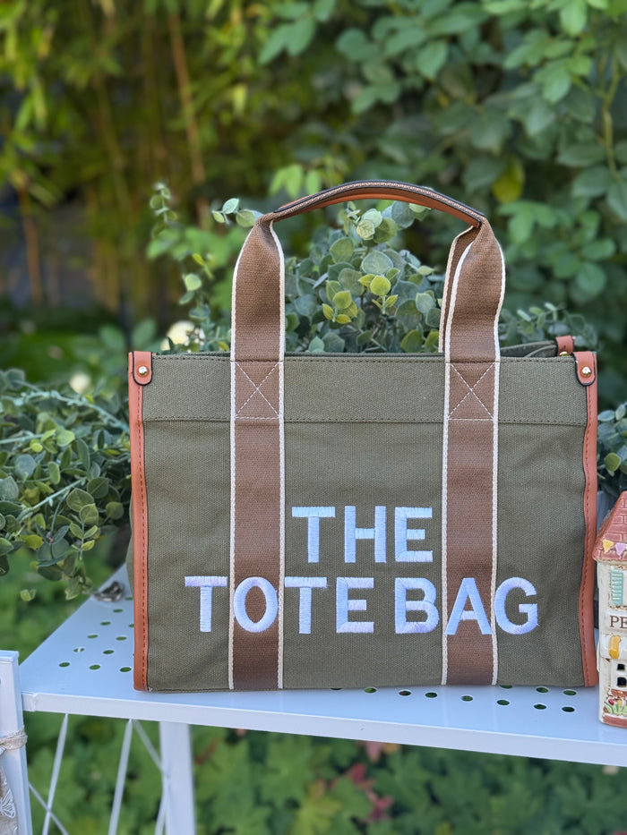 New Embroidered Tote Bag - Khaki Green