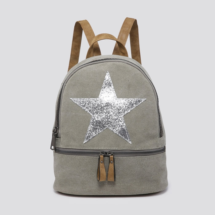 Pale Grey Canvas Rucksack/Backpack with Silver Star