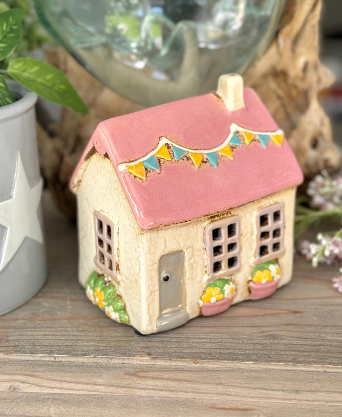 Pink Ceramic Bunting Tealight House/Candle Holder