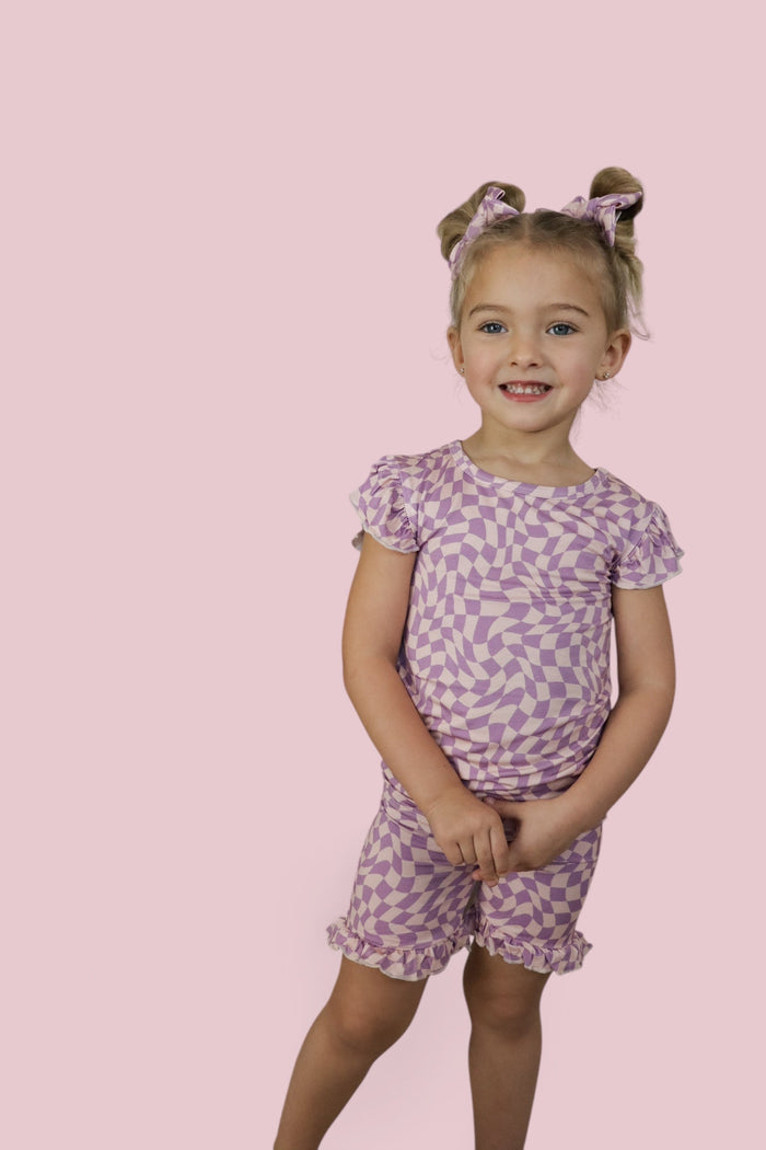 PLUM WAVY CHECKERS DREAM RUFFLE SHORT SET