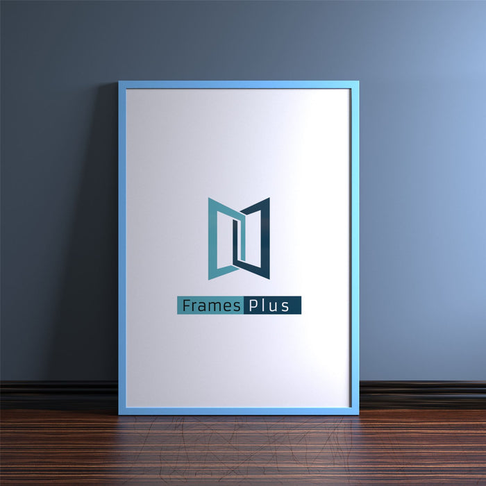 Blue picture and poster frame showcasing the Frames Plus logo on a stylish wall.