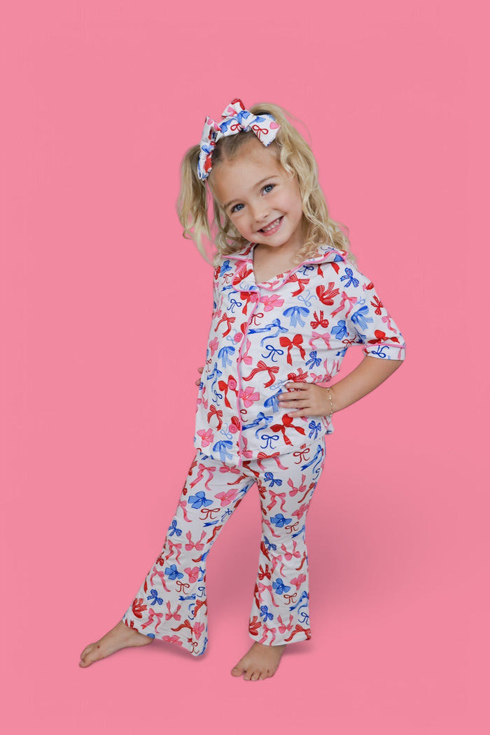 RED, WHITE AND BOWS DREAM GIRL'S SHORT SLEEVE FLARE SET