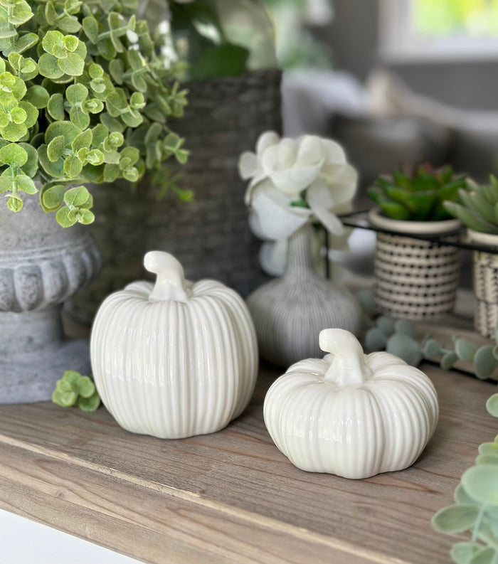 Ribbed White Ceramic Pumpkins - Choice of 2 Sizes