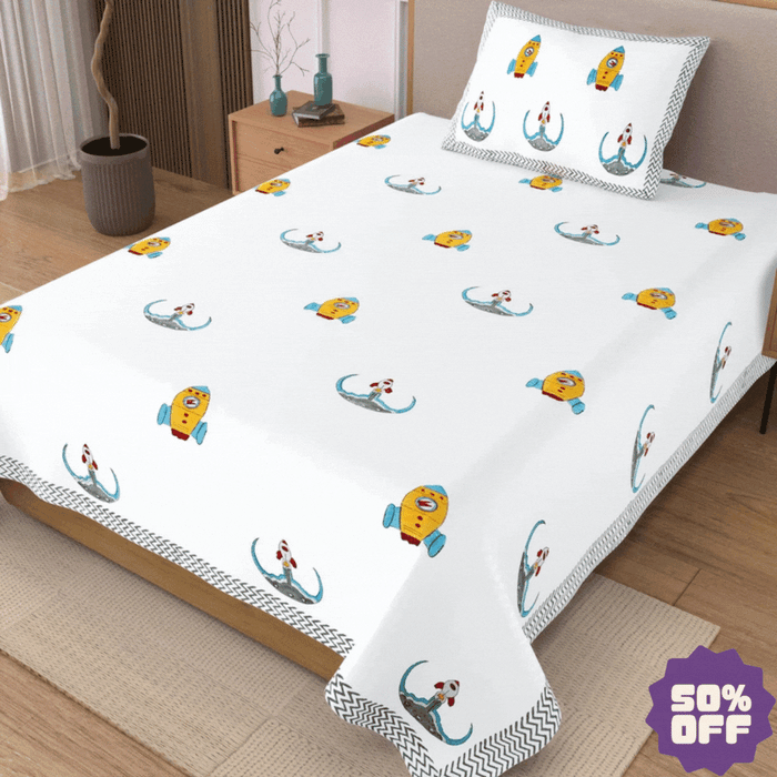 Rocket Space Block Printed Kids Cotton Bedsheet - Single Bed Size (60X90 Inches)