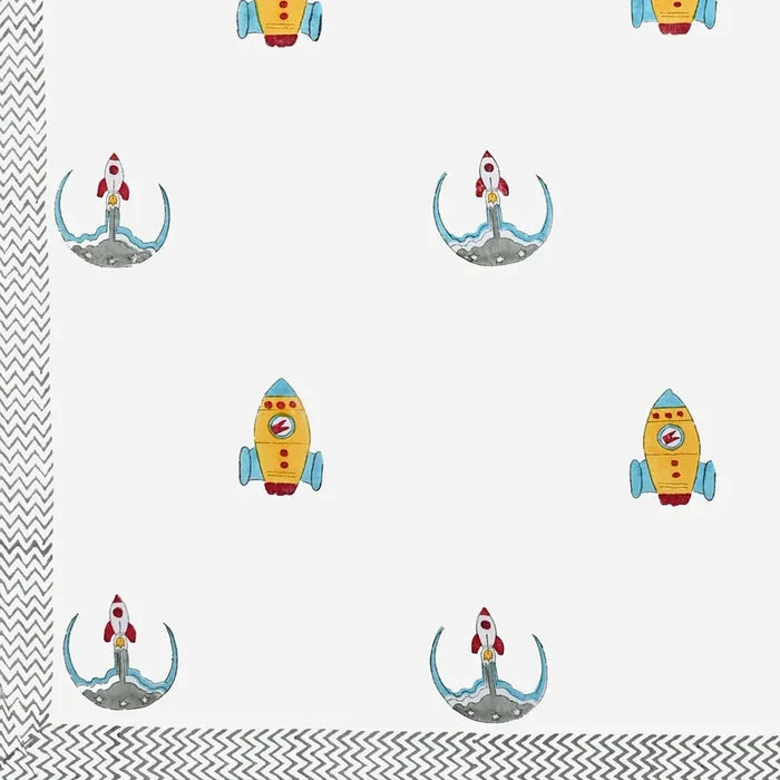 Rocket Space Block Printed Kids Cotton Bedsheet - Single Bed Size (60X90 Inches)