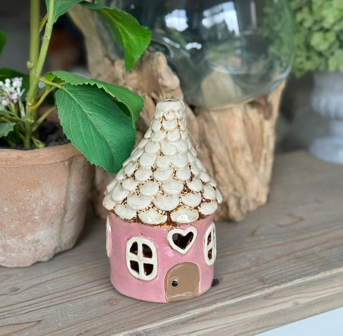 Round Ceramic Heart House Pink Tealight