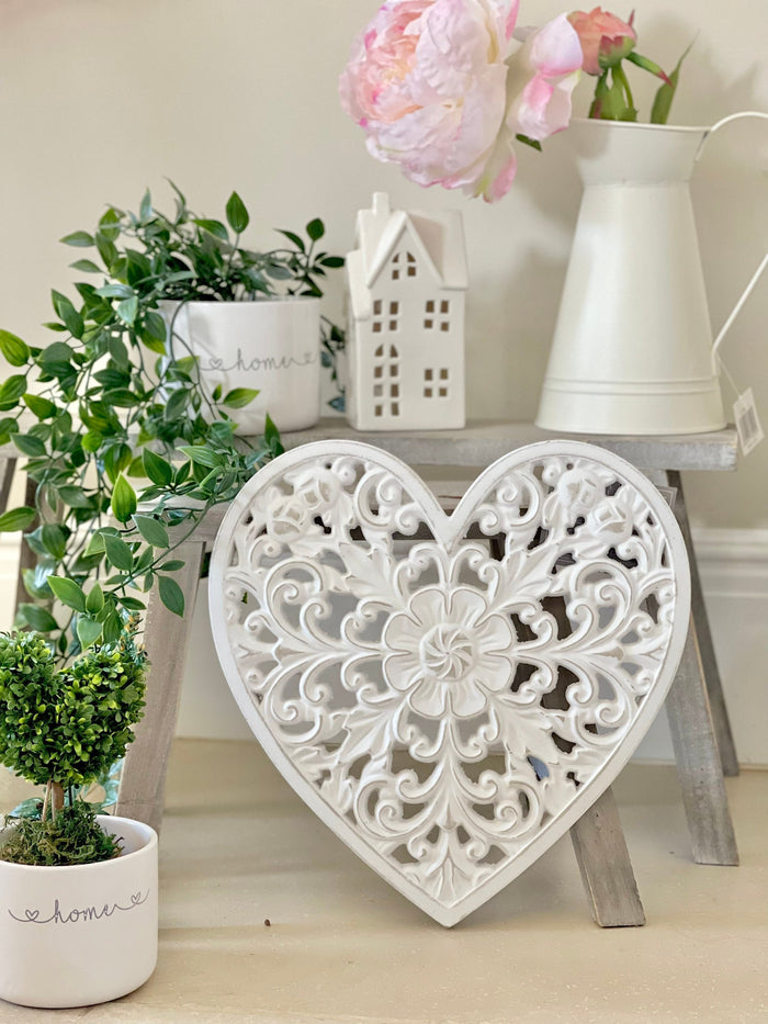 Rustic White Painted Carved Heart
