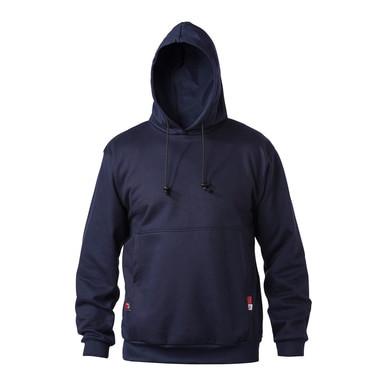 Set against a white background, the Saf-Tech FR 11 oz UltraSoft Pullover Hoodie in navy is a minimalist design featuring a front pocket and drawstrings. This hoodie, by the brand Saf-Tech, offers simplicity and comfort with its plain appearance, free from visible logos or designs.