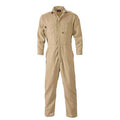 The Saf-Tech Indura 9 oz FR Khaki Contractor Coverall is a full-body coverall crafted for flame resistance, featuring long sleeves, a front zipper, multiple pockets, and intricate stitching details designed for work or protective applications. Displayed against a white background, this coverall emphasizes its importance as safety equipment.
