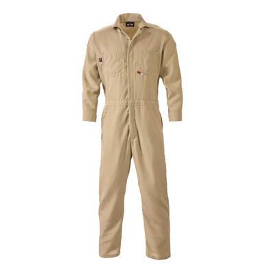 The Saf-Tech Indura 9 oz FR Khaki Contractor Coverall is a full-body coverall crafted for flame resistance, featuring long sleeves, a front zipper, multiple pockets, and intricate stitching details designed for work or protective applications. Displayed against a white background, this coverall emphasizes its importance as safety equipment.