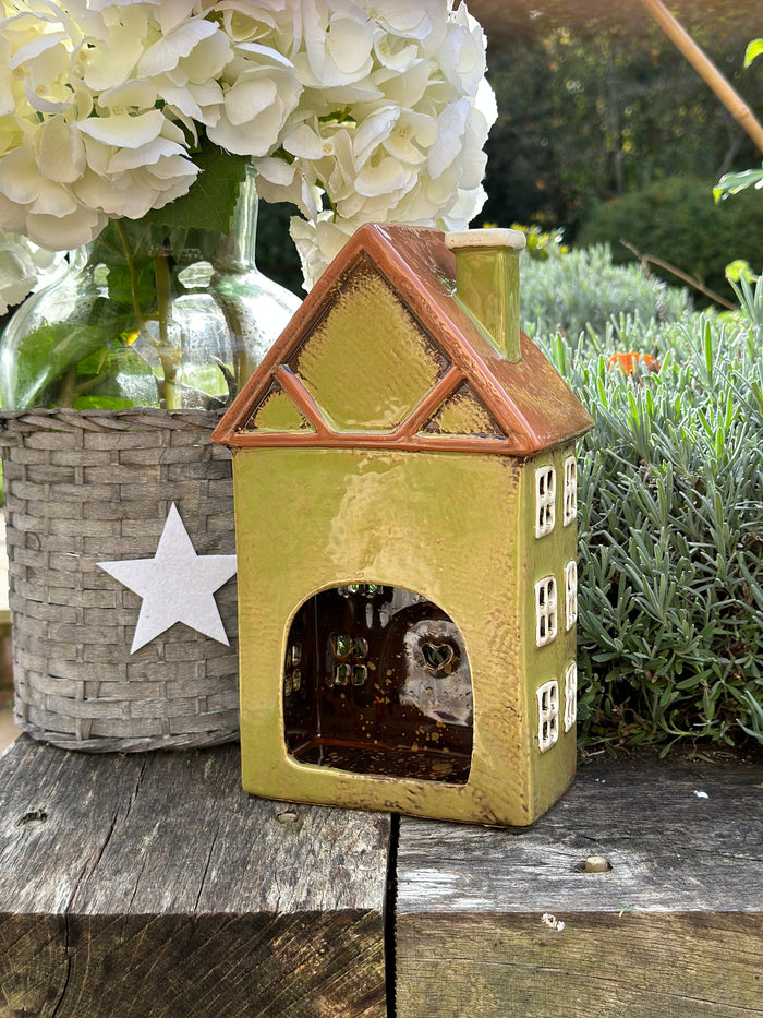 Sage Ceramic House/Cottage Candle Holder - 26cm