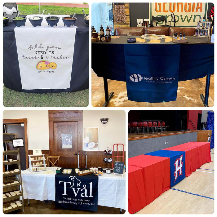 Tables set up for a vendor event showcasing various products and brands.