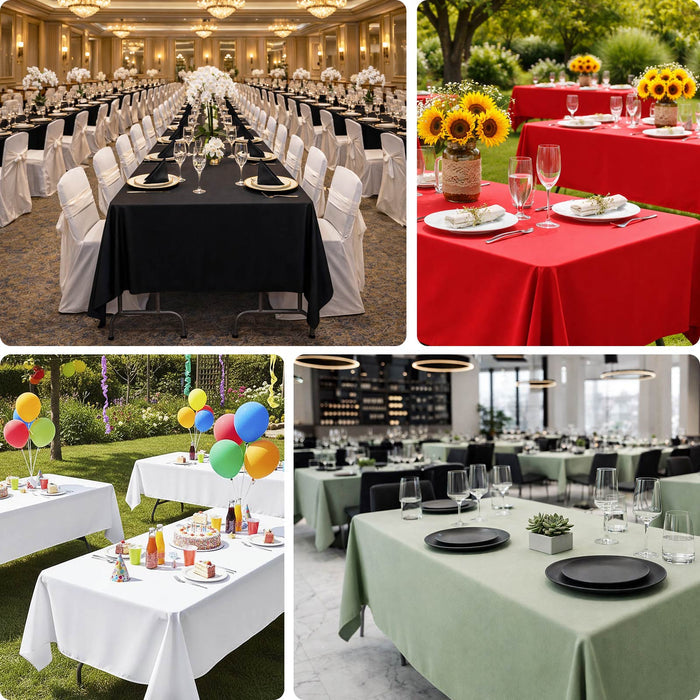 Stylish table setups for events in various colors and styles.