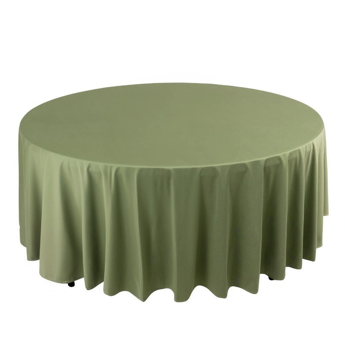 Round olive green tablecloth with elegant draping