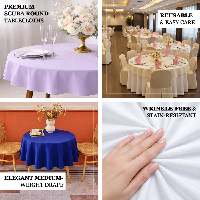 Premium scuba round tablecloths in various colors, wrinkle-free and stain-resistant.