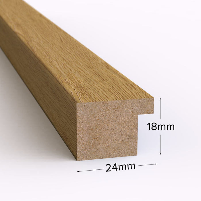 Close-up of a wooden frame profile demonstrating dimensions of 24mm width and 18mm height.