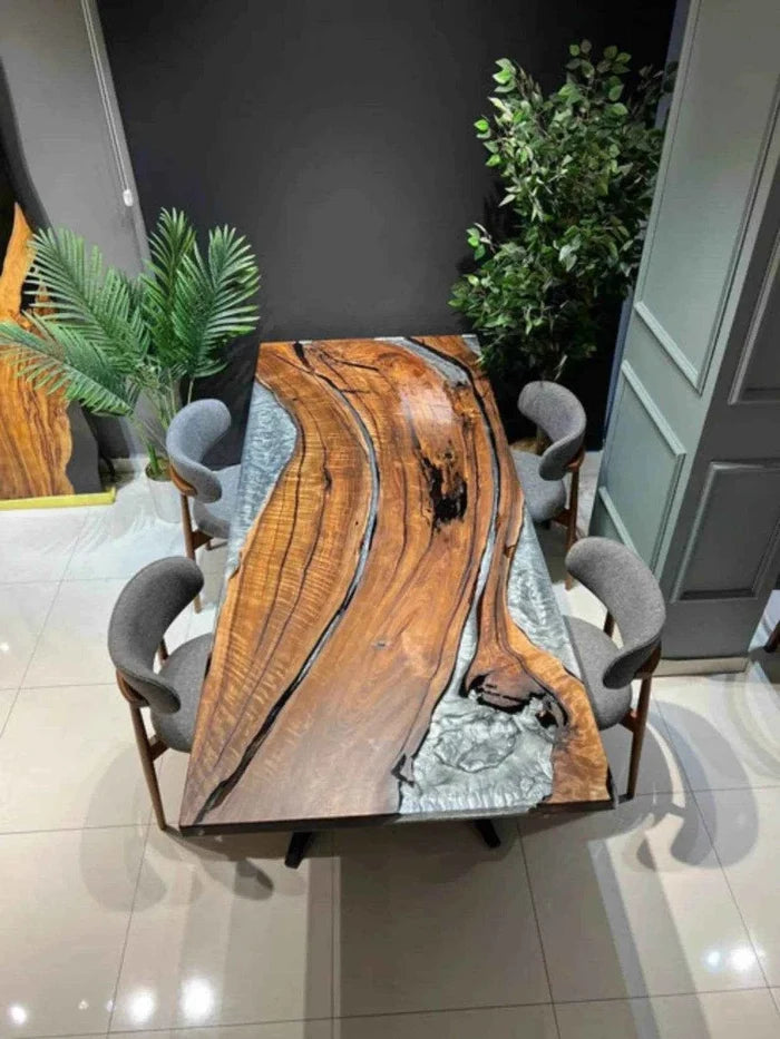 Snow Grey Wooden Resin Dining table | Modern Dining Table with legs - Pacific Resin Art