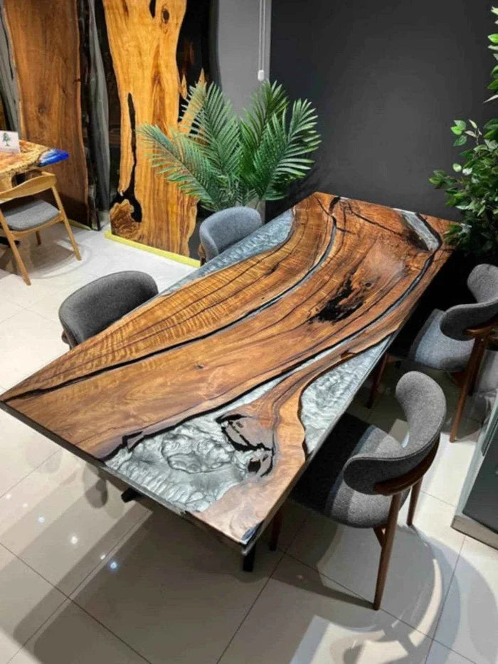 Snow Grey Wooden Resin Dining table | Modern Dining Table with legs - Pacific Resin Art