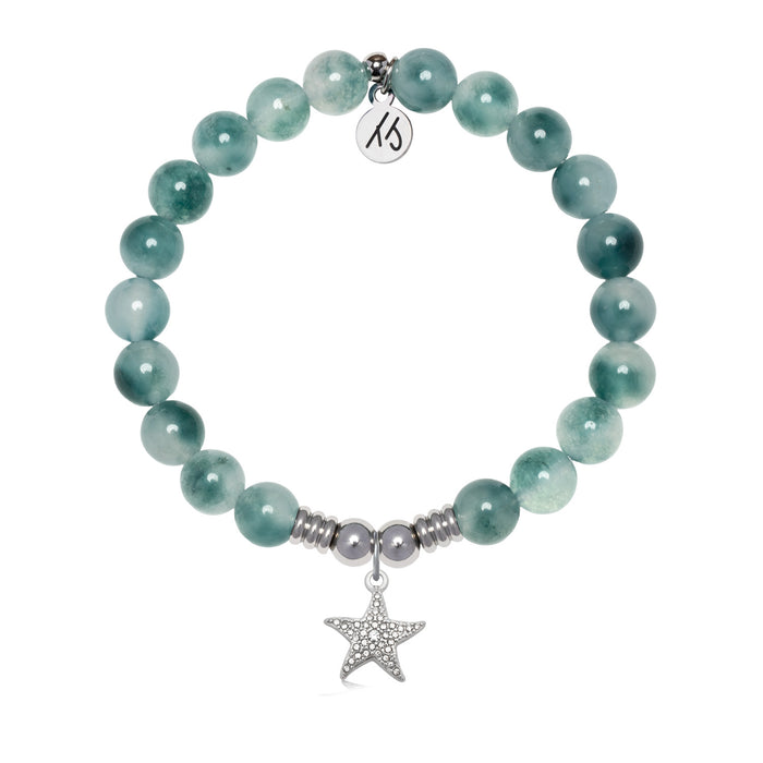 Starfish CZ Charm with Teal White Jade Gemstone Bracelet
