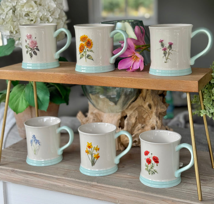 Stoneware Embossed Mug - Rose, Sunflower, Thistle, Bluebells, Daffodil and Poppy
