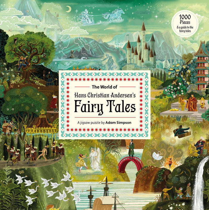 The World of Hans Christian Andersen 1,000 Piece Jigsaw Puzzle by Laurence King Publishing features enchanting scenes with castles, forests, magical characters, and animals from classic fairy tales.