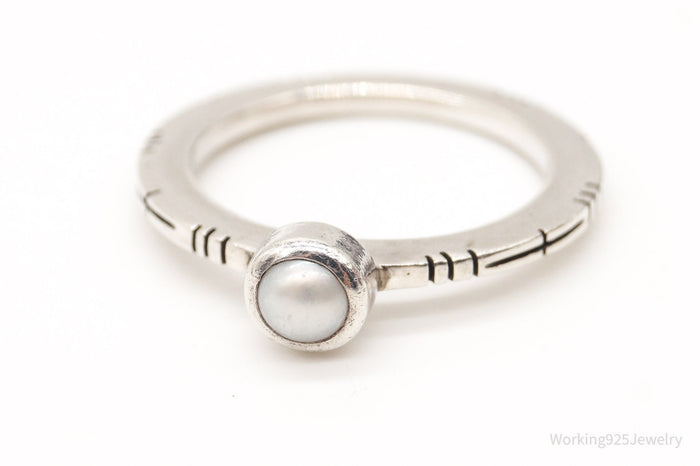 Vintage Pearl Silver Modernist Ring - Size 6.75