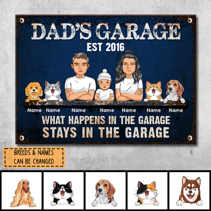 Welcome Metal Garage Sign, Gifts For Pet Lovers, Dad's Garage What Happens In The Garage Stays In Colorful Background