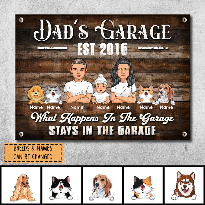 Welcome Metal Garage Sign, Gifts For Pet Lovers, Dad's Garage What Happens In The Garage Stays In Wooden Style
