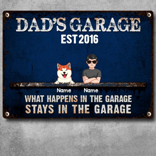 Welcome Metal Garage Sign, Gifts For Pet Lovers, Dad's Garage What Happens In The Garage Stays In Colorful Background