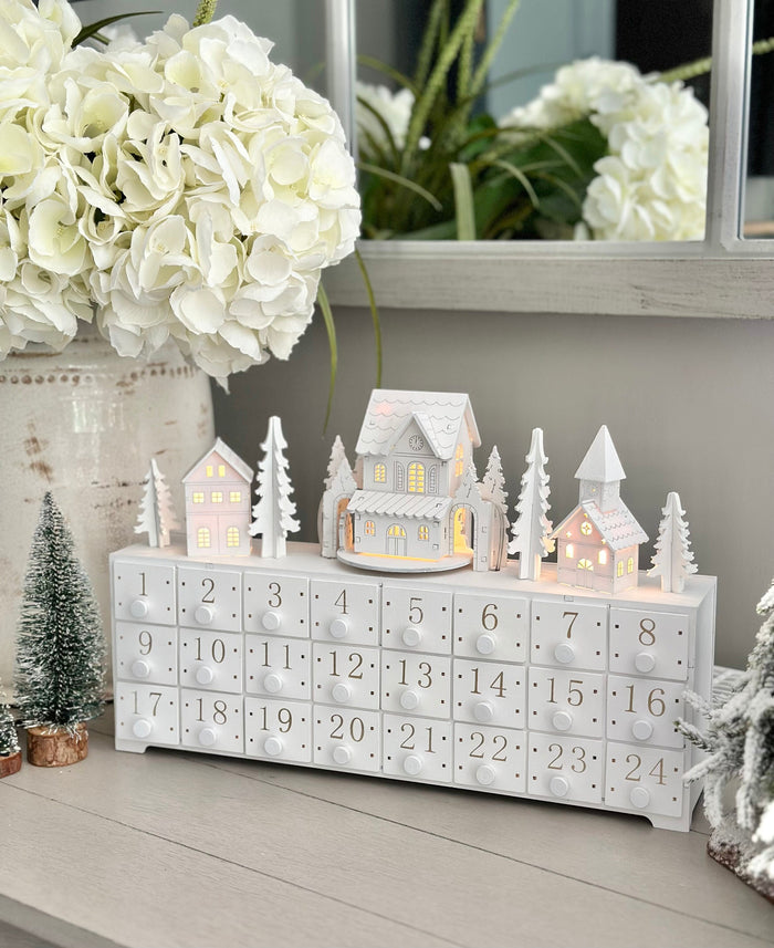 White Wooden Advent Block With Moving Train And Lights