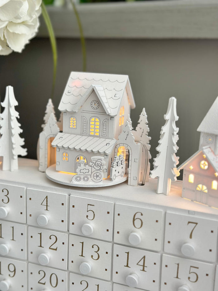 White Wooden Advent Block With Moving Train And Lights