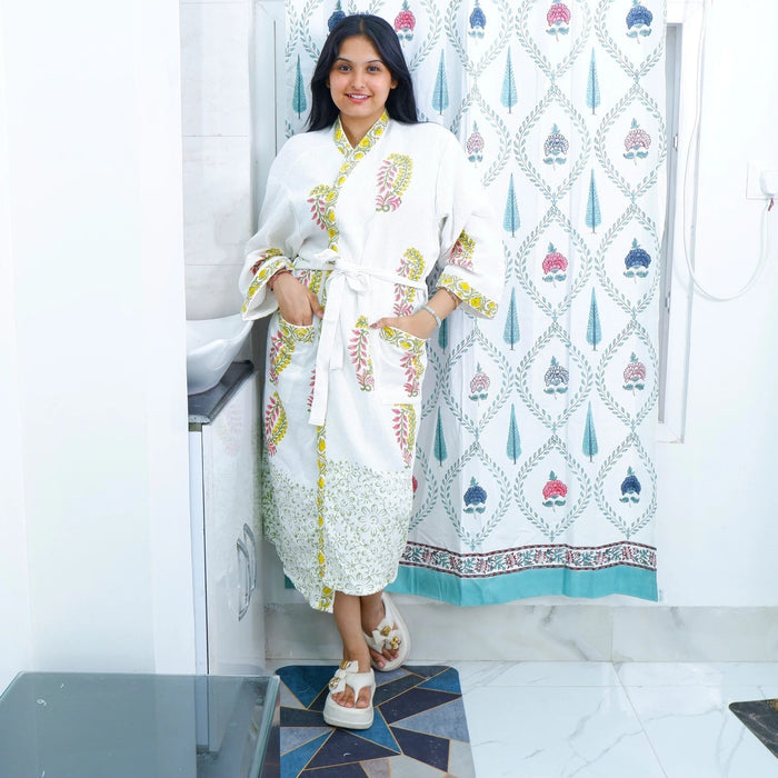 Cotton Hand block Bathrobe - Phulwari - Tarvik