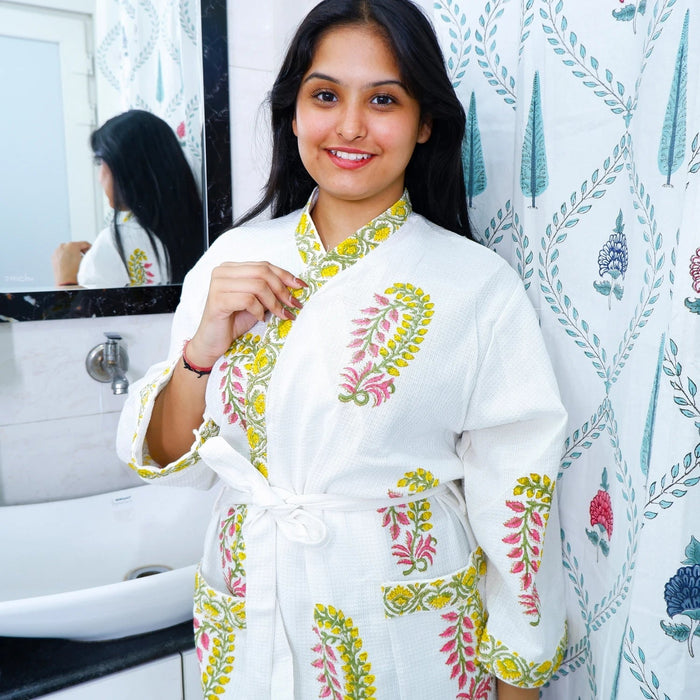 Cotton hand block printed bathrobe with vibrant floral patterns for comfortable lounging