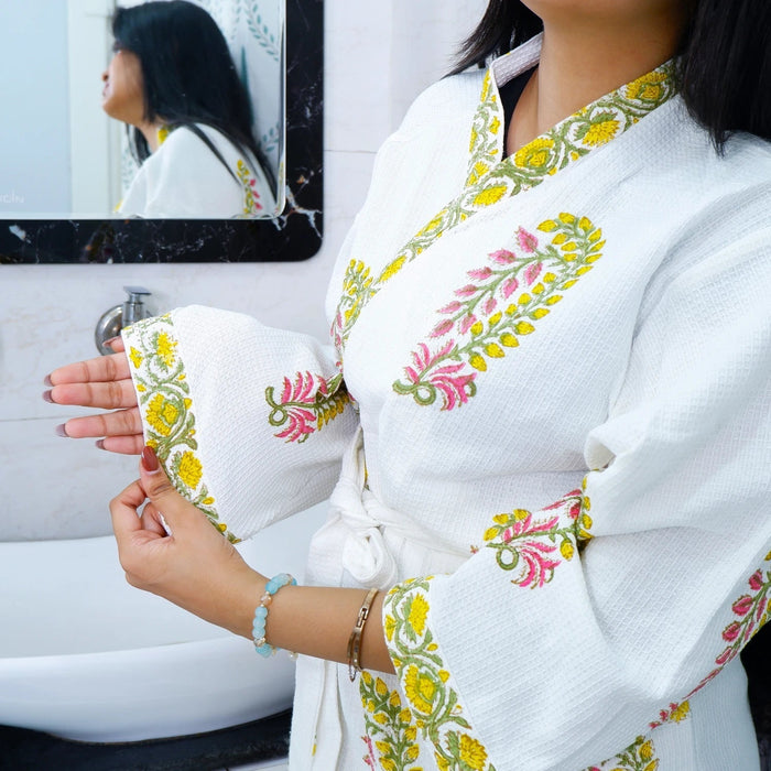 My Store Cotton Hand Block Printed Bathrobe with Colorful Floral Designs and Elegant Detail