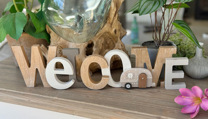 Wooden Welcome Sign with Camper Decor