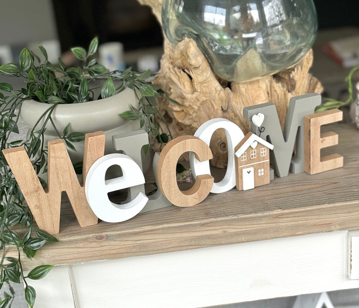 Wooden Welcome Sign with House Decor